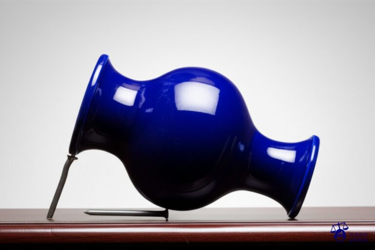 Un gran jarrón de porcelana (representando la vida) se cae de un estante inestable, y el estante está sostenido por un solo clavo torcido (representando la negligencia). Representa: Homicidio culposo por negligencia