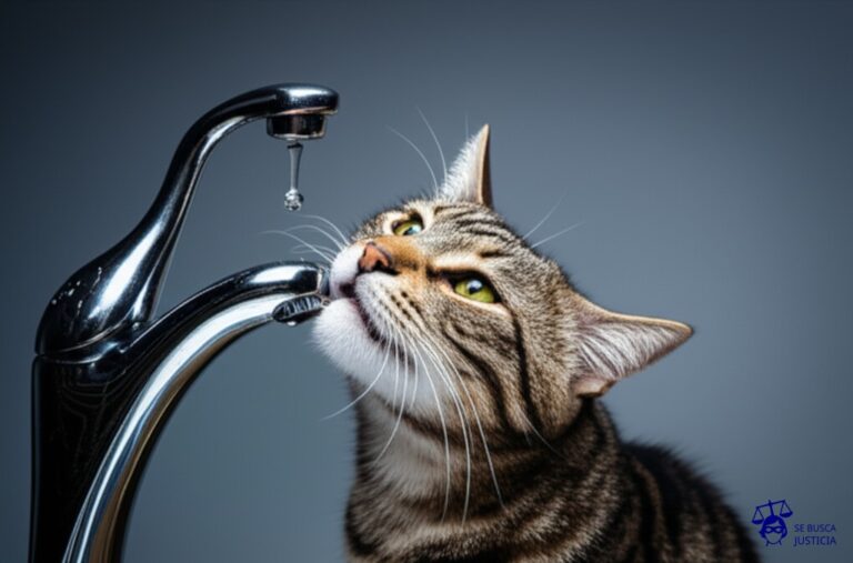 Un gato intentando beber agua de un grifo, pero solo logra mojar sus bigotes. Representa: Imitación de elementos de interfaz de usuario (UI) protegidos
