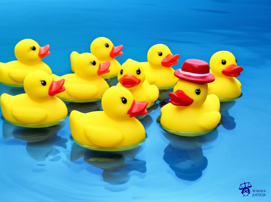 Un grupo de pequeños patos de goma, todos idénticos, nadando en un estanque, excepto uno, que tiene una ligera inclinación en su cuello y un pequeño sombrero de sol. Representa: Imitación de nombres de restaurantes o tiendas populares