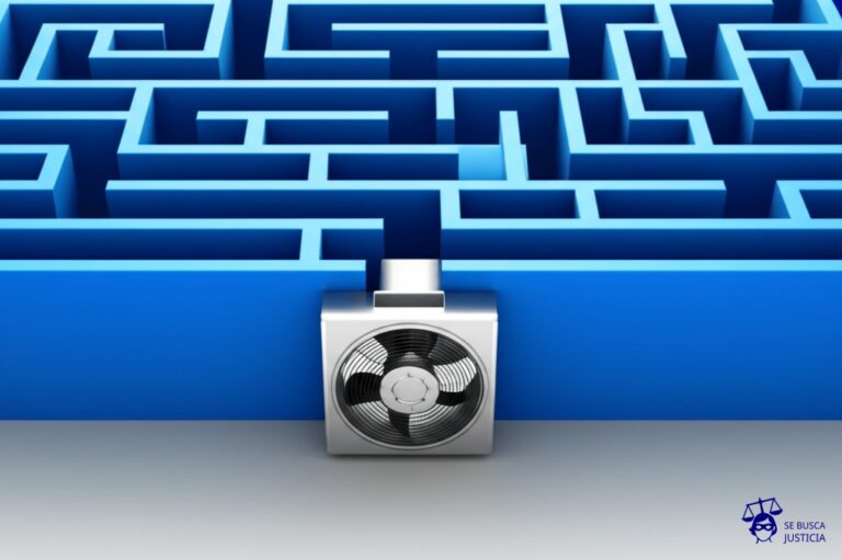 Un laberinto con una única entrada y salida, pero con un gran ventilador industrial bloqueando la salida. Representa: Impedimento de transferencias sin fundamento