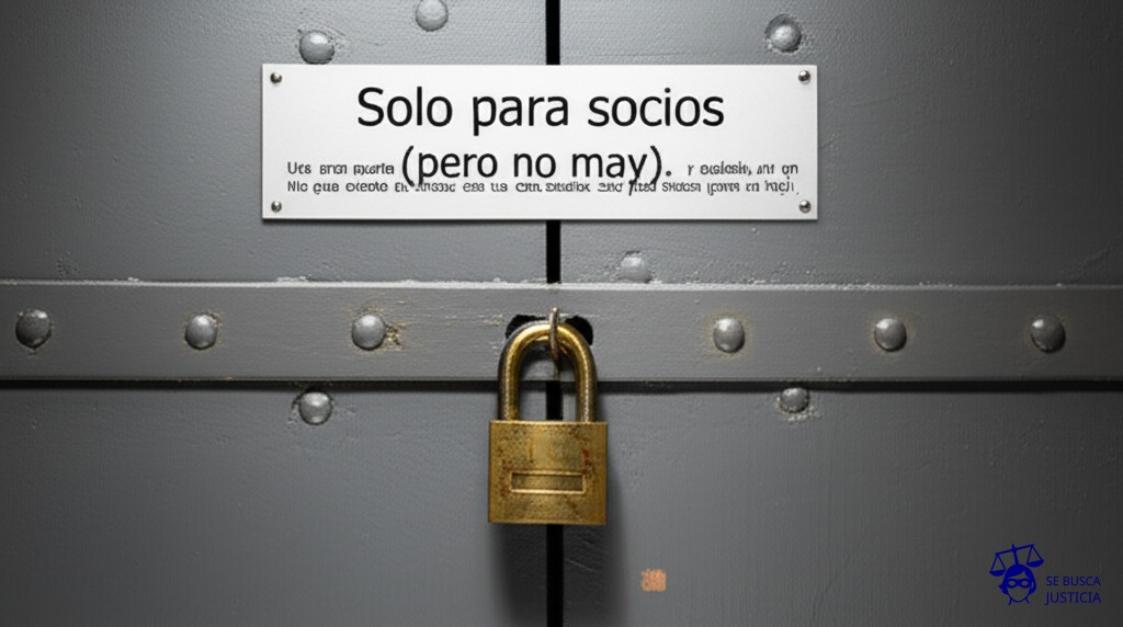 Una gran puerta de acero, cerrada con un candado gigante y oxidado, con un letrero que dice Solo para socios (pero no hoy). Representa: Impedimento del acceso a libros societarios