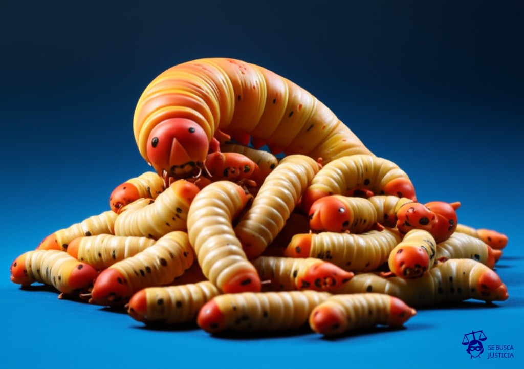 Un gusano obeso, con la forma de un producto icónico (ej., una silla de diseño), comiendo vorazmente una pila de gusanos más pequeños idénticos a él. Representa: Importación de bienes con diseños industriales clonados