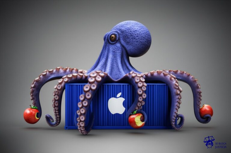 Un pulpo con tentáculos que se extienden desde un contenedor de carga genérico, cada tentáculo agarrando con avidez un objeto idéntico a una marca registrada (por ejemplo, una manzana mordida, una estrella de cinco puntas, etc.) que ya existe en tierra firme. Representa: Importación de productos "gris" que vulneran marcas locales