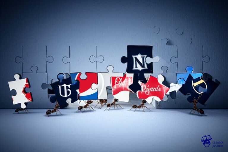 Un grupo de hormigas, cada una cargando una pieza de un rompecabezas con el logo de una marca famosa, se escabulle por un agujero en una pared. Representa: Importación paralela de productos con marcas registradas