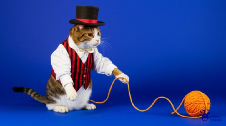 Un gato gordo, vestido con un sombrero de copa y un chaleco elegante, jugando con un ovillo de lana (representando las leyes) que está atado a una soga que él mismo sostiene, pero que ignora por completo, mientras el ovillo se desenrolla sin control, rodando hacia un precipicio. Representa: Imposibilidad de control constitucional sobre actos del ejecutivo