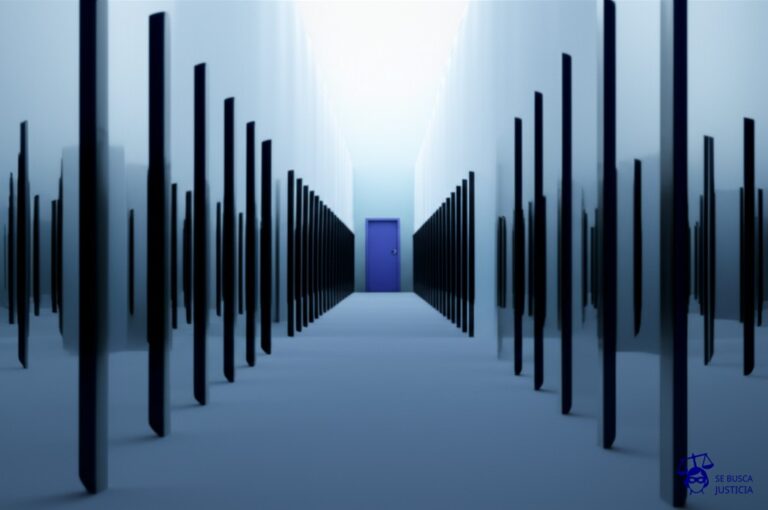 Un laberinto de espejos infinitos, cada reflejo mostrando la misma puerta cerrada. Representa: Imposibilidad de recurso efectivo contra actos administrativos