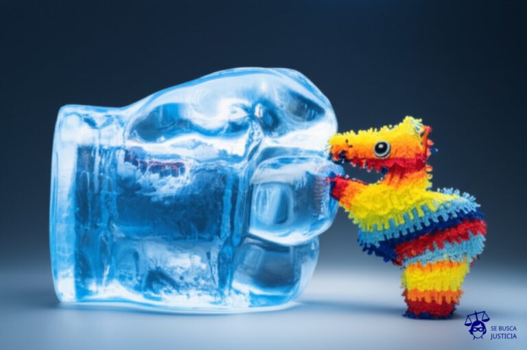 Un gran iceberg, con forma de puño cerrado, aplastando una pequeña y colorida piñata llena de dulces. Representa: Imposición de bloqueos comerciales como medio de presión política