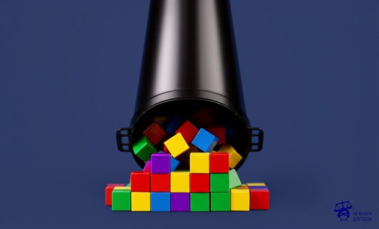 Un gran embudo negro, que se estrecha en su parte inferior, tragando vorazmente una colorida y vibrante pila de cubos de juguete. Representa: Imposición de censura en medios digitales