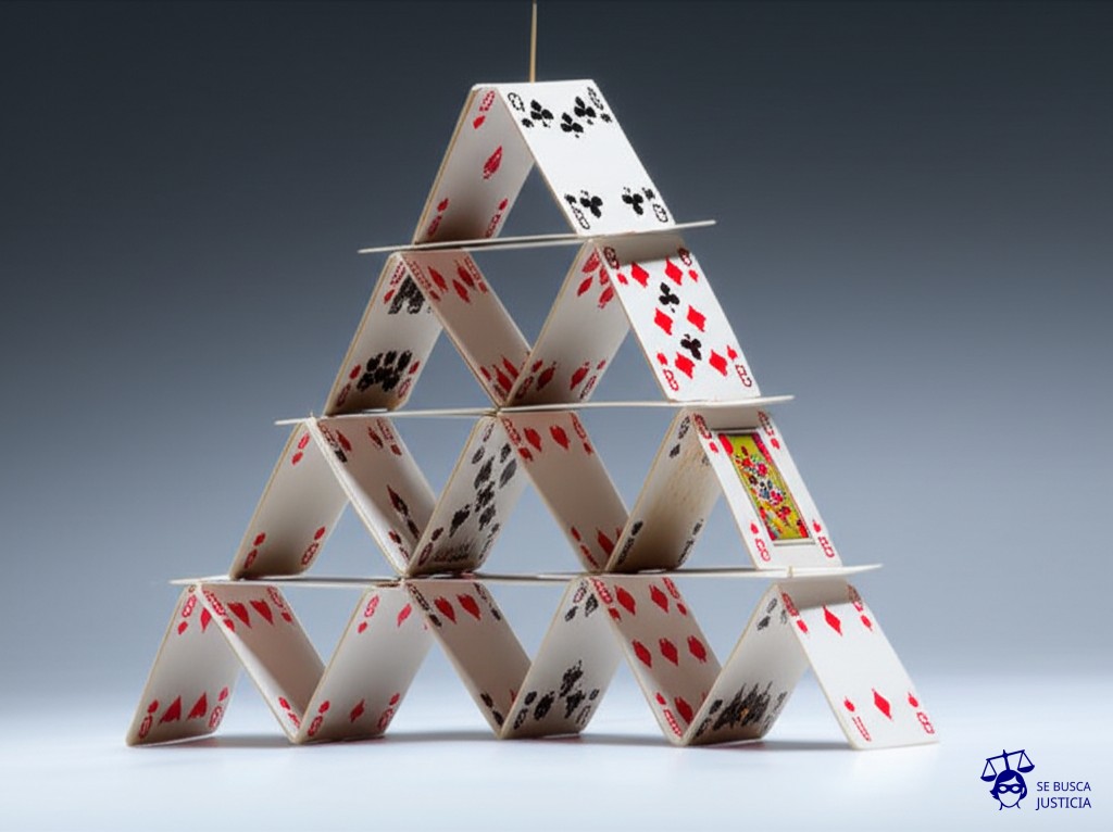 Un enorme castillo de naipes, a punto de derrumbarse, sostenido precariamente por un único palillo de dientes. Representa: Imposición de medidas provisionales sin sustento
