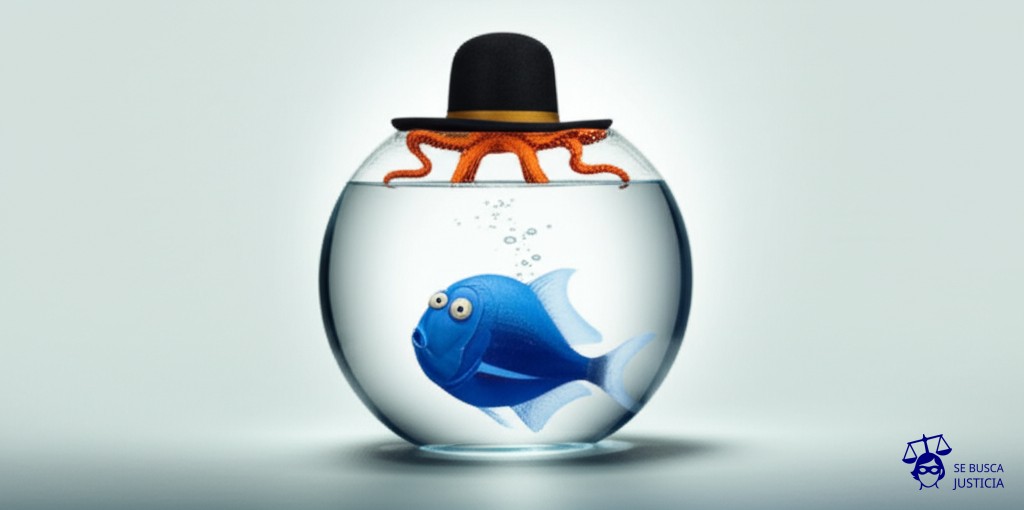 Un pequeño pez, nadando tranquilamente en su pecera, de repente se encuentra con un enorme pulpo que intenta meterle un sombrero ridículamente grande. Representa: Imposición de tareas fuera de convenio