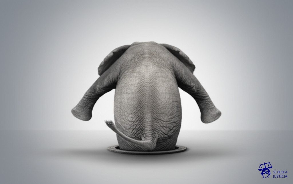 Un gran elefante intentando pasar por la abertura de una alcantarilla, atascado y con las patas colgando. Representa: Improcedencia de la vía de hecho administrativa