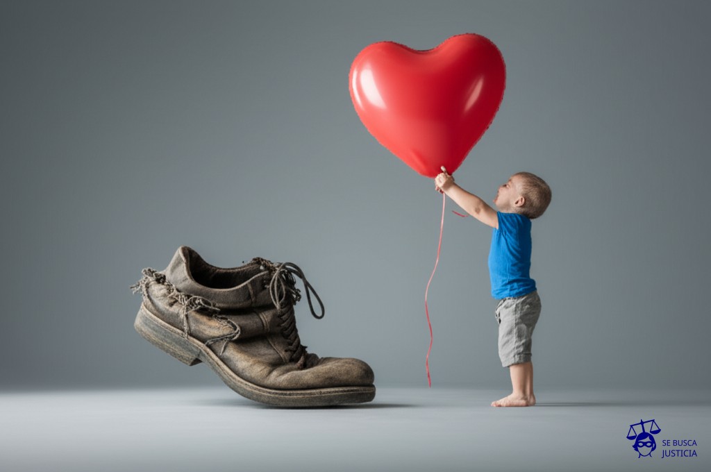 Un zapato viejo y deshilachado intentando quitarle un globo con forma de corazón a un niño. Representa: Impugnación de adopción por progenitor biológico ausente