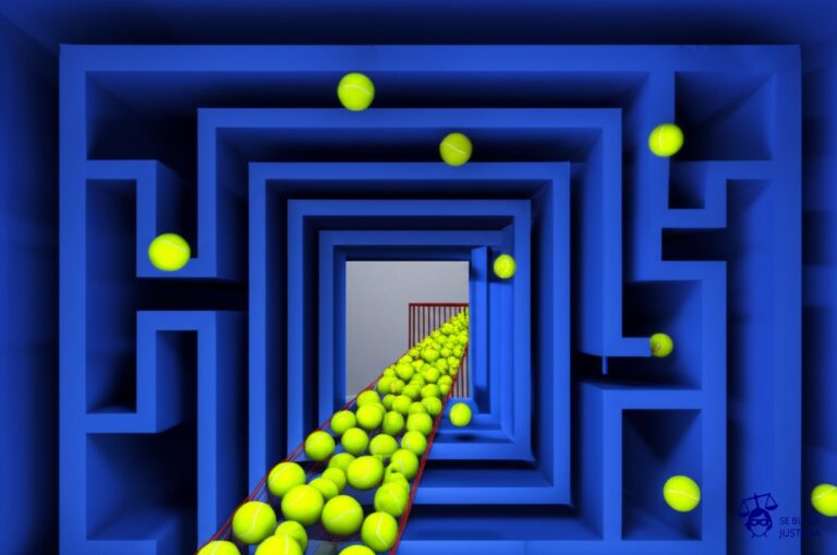 Un laberinto con múltiples entradas y una única salida. En el interior, una gran cantidad de pelotas de tenis rebotan caóticamente, y la salida está bloqueada por una red. Representa: Imputación incorrecta de pagos por parte del fisco