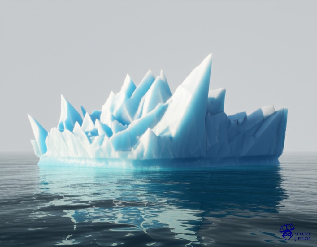 Un iceberg con muchos picos pequeños y afilados que se deshacen rápidamente, dejando solo una pequeña base flotante. Representa: Imputaciones por evasión fiscal internacional (noviembre 2024)