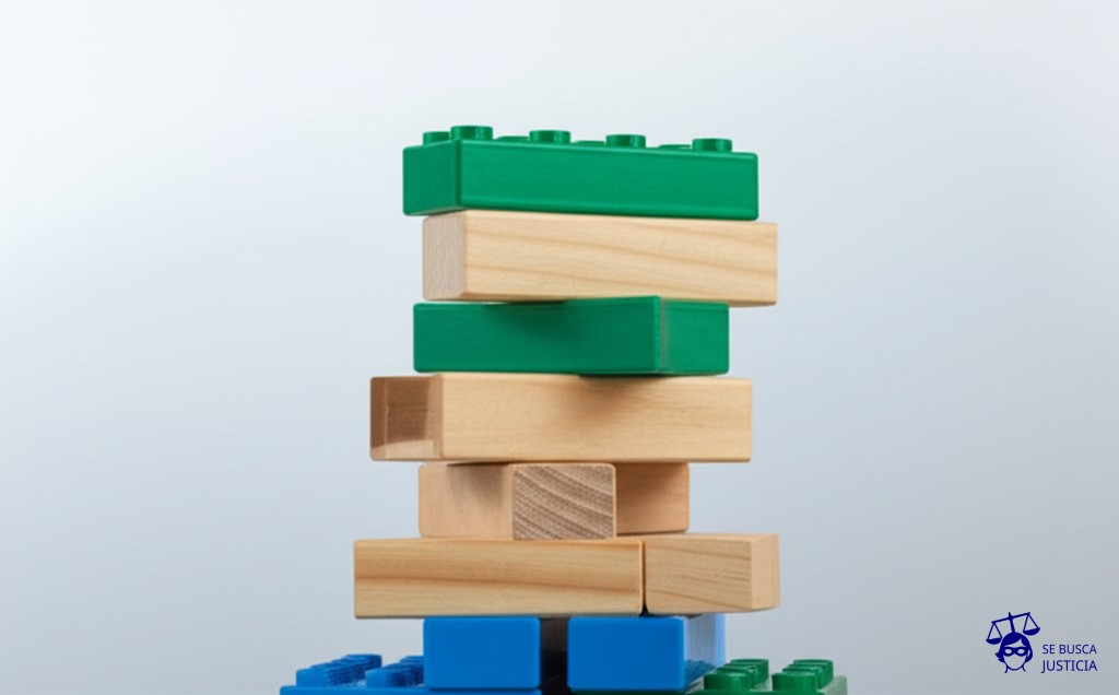 Un edificio de bloques de juguete apilados de forma inestable, con el bloque más grande en la parte superior y los más pequeños en la base, a punto de colapsar. Representa: Inadecuada aplicación de principios administrativos
