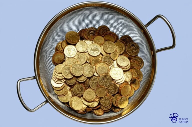 Un colador (de cocina) con agujeros enormes, intentando contener una avalancha de monedas de oro que se desbordan por todos lados. Representa: Inadecuada fiscalización de operaciones internacionales por parte de ARCA
