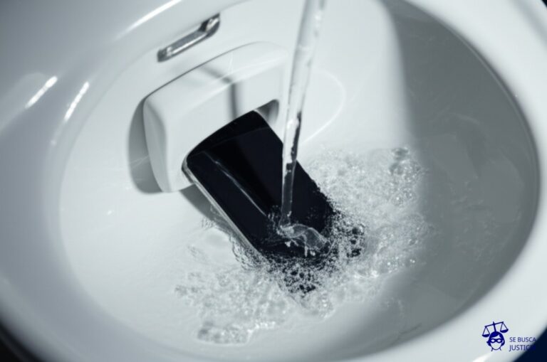 Un teléfono móvil (o cualquier dispositivo electrónico reconocible) saliendo por el inodoro, con un chorro de agua que simula el flujo. Representa: Inadecuada gestión de residuos electrónicos