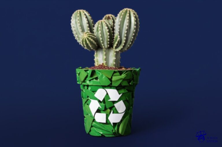 Un cactus robusto y frondoso, plantado en una maceta hecha completamente de plástico reciclado, con el cactus marchitándose lentamente. Representa: Inadecuada implementación de la Ley General del Ambiente