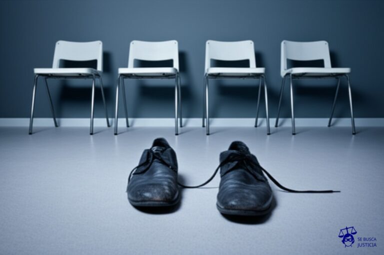 Un par de zapatos vacíos, uno al lado del otro, colocados en una sala de espera con sillas vacías. Los zapatos están desgastados y polvorientos. Representa: Incomparecencia reiterada a audiencias de conciliación