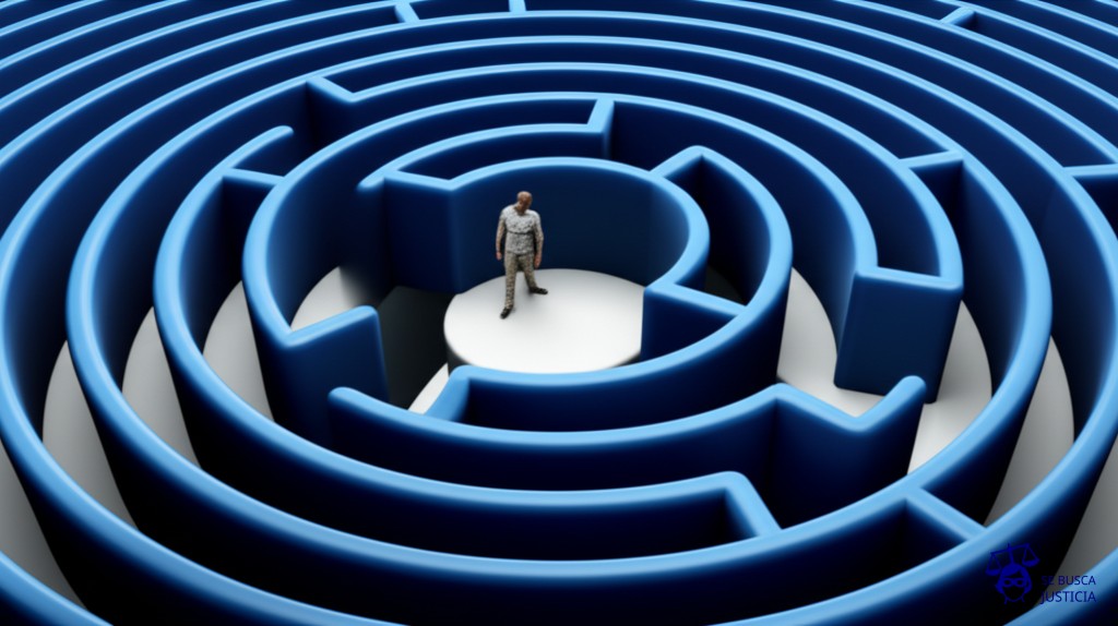 Un laberinto circular, con una única entrada y un agujero en el centro, pero con una persona intentando entrar por la pared del laberinto. Representa: Incompetencia de la autoridad administrativa para resolver