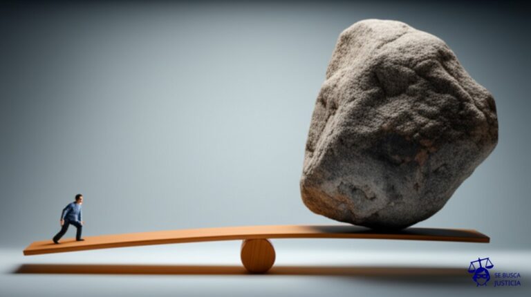Un gran balancín de madera con un trabajador en un extremo y una enorme roca (representando la norma) en el otro, aplastando al trabajador. Representa: Inconstitucionalidad de normas que afectan derechos laborales fundamentales