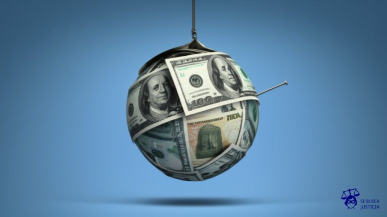 Un gran globo inflado con dinero siendo pinchado por un alfiler diminuto. Representa: Inconstitucionalidad de normas que afectan la libertad económica