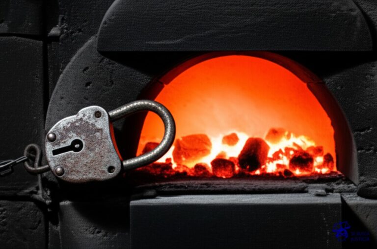 Un gran candado oxidado, intentando cerrar la puerta de un horno humeante. Representa: Inconstitucionalidad de normas que restringen el derecho al trabajo