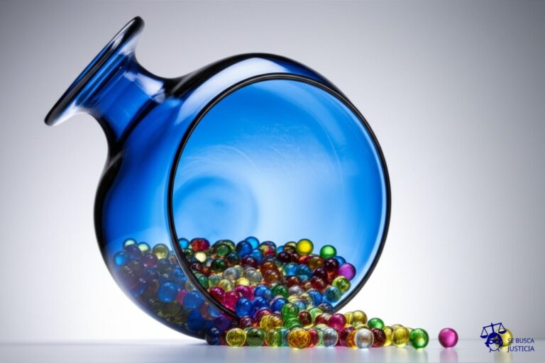 Un gran jarrón (representando el cargo público) lleno de canicas (funcionarios). El jarrón tiene una base inestable y está a punto de volcarse. Representa: Inconstitucionalidad en la designación de funcionarios públicos