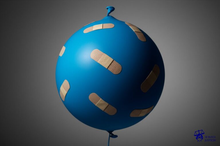 Un globo gigante, inflado hasta el límite, con múltiples parches pegados torpemente, a punto de reventar. Representa: Incumplimiento de acuerdos de refinanciación