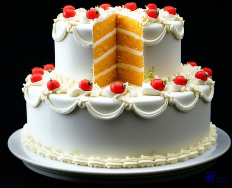 Un gran pastel de bodas, perfectamente decorado, con una sola porción faltante. Representa: Incumplimiento de acuerdos o convenios con la administración