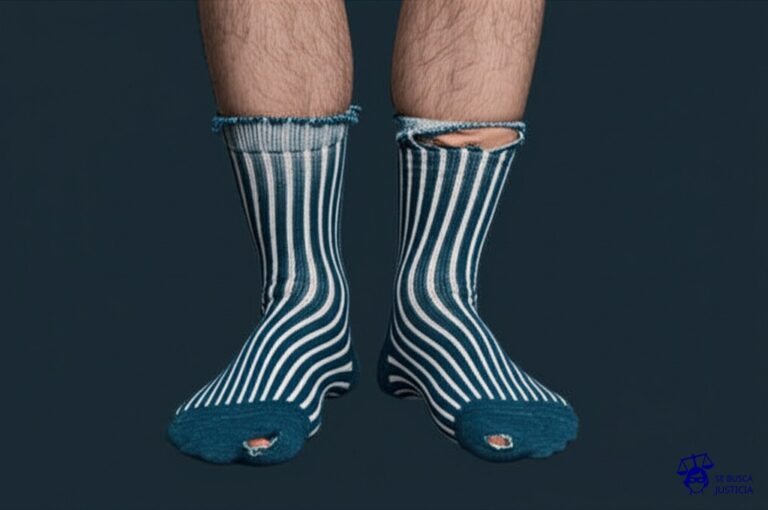 Un par de calcetines desparejados, uno en cada pie, ambos con agujeros y un aspecto descuidado. Representa: Incumplimiento de cláusulas contractuales