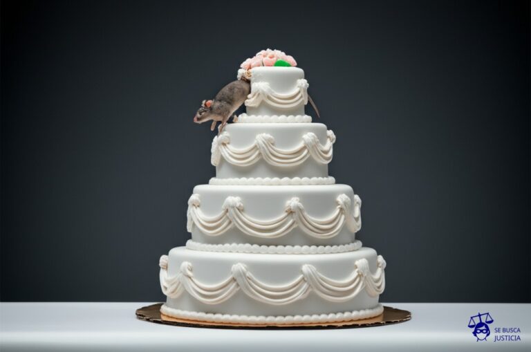 Un pastel de bodas elegantemente decorado, parcialmente devorado por un roedor. Representa: Incumplimiento de contrato por parte de la empresa