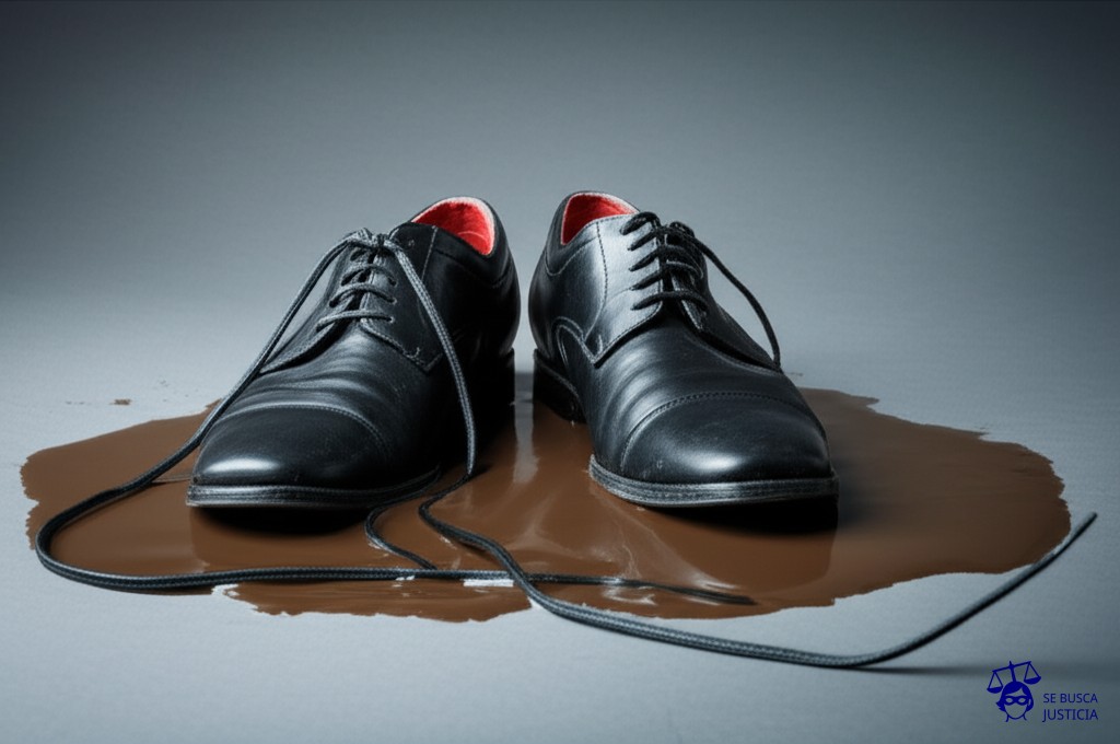 Un par de zapatos nuevos y relucientes, uno con cordones impecables y el otro desatado, con el cordón arrastrándose por el suelo, en medio de un charco de barro. Representa: Incumplimiento de contratos de agenciamiento o representación