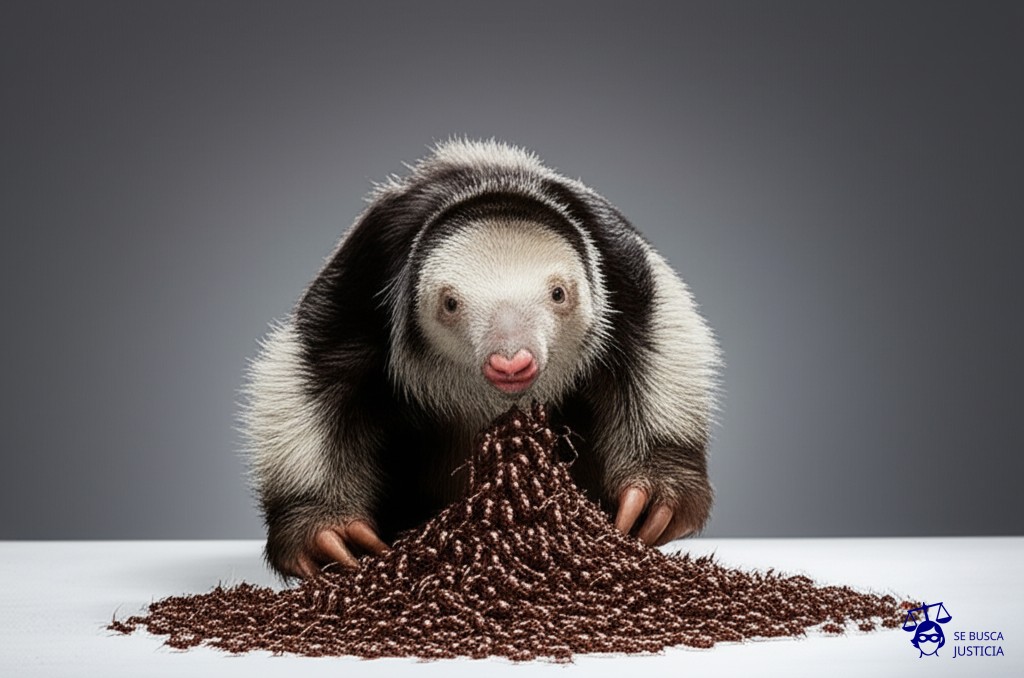 Un oso hormiguero tragando un gran montón de hormigas (representando las deudas) y luego, con una mueca de asco, regurgitando solo una pequeña cantidad de hormigas (el pago mínimo). Representa: Incumplimiento de la Ley de Tarjetas de Crédito (Ley 25.065)