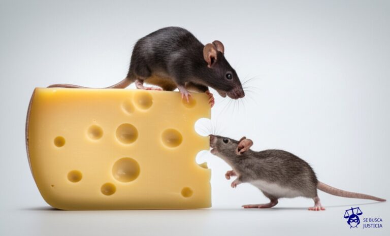 Un gran trozo de queso suizo (con muchos agujeros) siendo mordisqueado por un ratón pequeño y flaco. Representa: Incumplimiento de la normativa de Defensa del Consumidor (Ley 24.240)