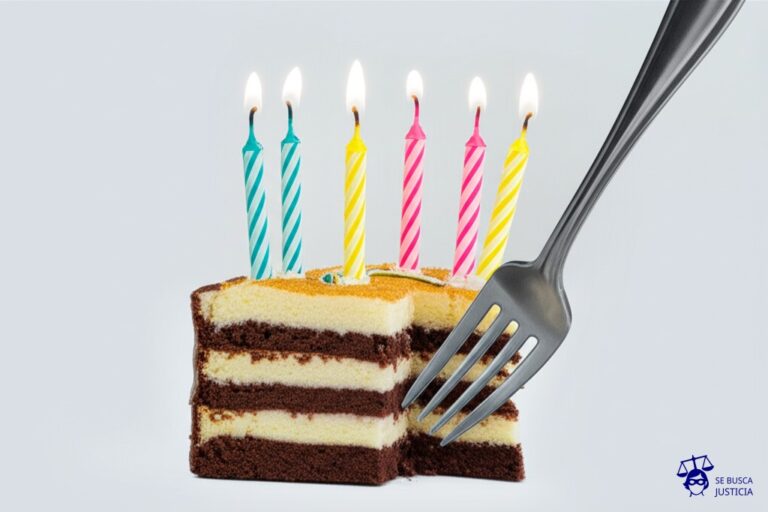 Un enorme y reluciente pastel de cumpleaños, con velas encendidas, a punto de ser cortado... pero en lugar de una cuchilla, alguien lo ataca con un tenedor de plástico genérico, doblándolo y destrozándolo sin piedad. Representa: Incumplimiento de la normativa de cuentas gratuitas universales (BCRA)