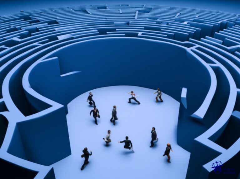 Un laberinto con una única salida bloqueada por una gran barrera invisible. En el laberinto, diminutas figuras (representando usuarios) corren desesperadamente en círculos. Representa: Incumplimiento de la normativa del BCRA sobre atención a usuarios de servicios financieros