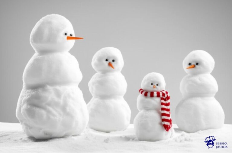 Un grupo de muñecos de nieve, de diferentes tamaños, uno al lado del otro. El más grande está completamente derretido, solo quedan unos pocos restos, mientras que el más pequeño, a su lado, se está poniendo una bufanda nueva y tiene una zanahoria impecable en la nariz. Representa: Incumplimiento de las obligaciones de asistencia familiar entre parientes, más allá de padres e hijos, como hermanos o ascendientes y descendientes, en situaciones de necesidad y capacidad de ayuda. La ley prevé estas obligaciones subsidiarias.