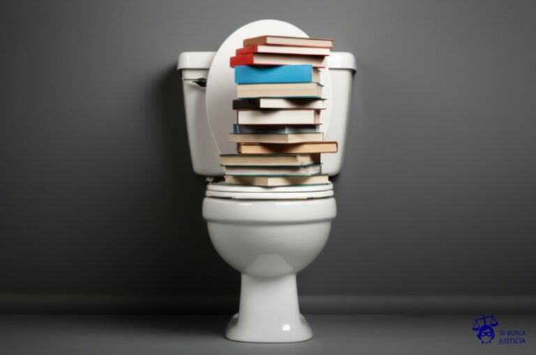 Un inodoro atascado, rebosante de libros. Representa: Incumplimiento de las obligaciones de depósito legal de obras en Argentina
