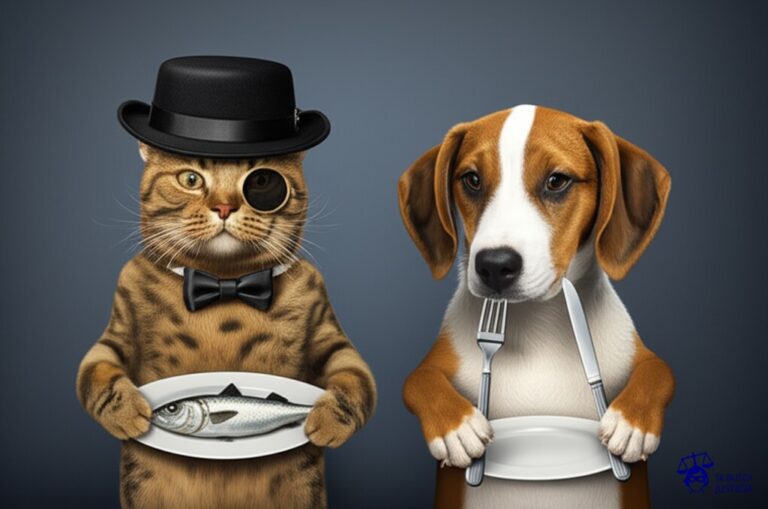 Un gato, con un sombrero de copa y un monóculo, robando un plato de pescado de un perro que está comiendo con un tenedor y cuchillo. Representa: Incumplimiento de licencias Creative Commons en contenidos digitales