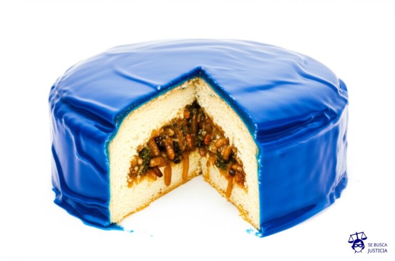Un gran pastel con una capa superior perfecta y brillante, pero al cortarlo, el relleno es un revoltijo de ingredientes en mal estado y gusanos. Representa: Incumplimiento de normas de defensa del consumidor