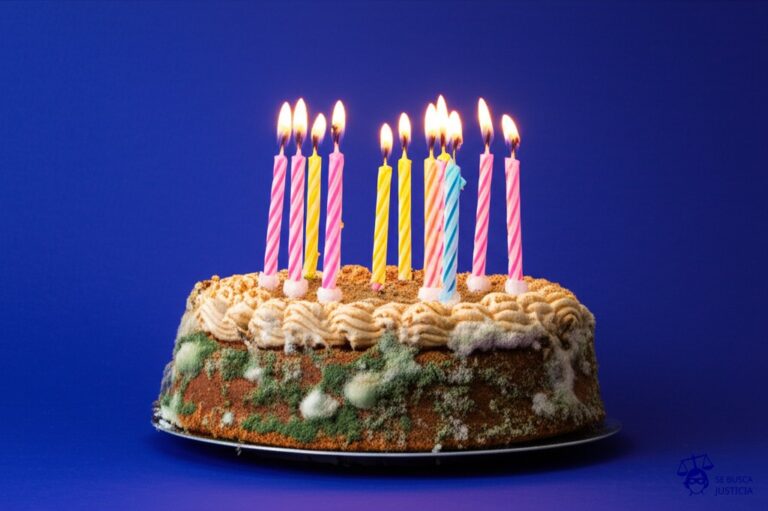 Un pastel de cumpleaños con velas encendidas, pero cubierto de una espesa capa de telarañas y mohos. Representa: Incumplimiento de normas de higiene y seguridad