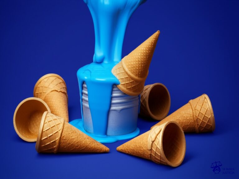 Un inmenso volcán de helado derritiéndose, con varios conos de helado vacíos y sucios esparcidos a su alrededor. El helado derretido fluye hacia un pequeño cubo de basura. Representa: Incumplimiento de normas sobre residuos peligrosos