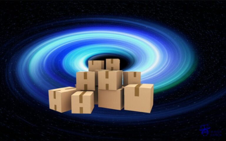 Un gran agujero negro tragándose una pila de cajas. Representa: Incumplimiento de normativas aduaneras