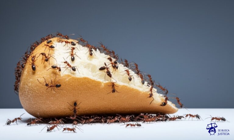 Un grupo de hormigas intentando transportar una migaja de pan gigante, desproporcionadamente grande para ellas, y que se cae constantemente, quedando unas hormigas encima y otras debajo. Representa: Incumplimiento de normativas de libre competencia