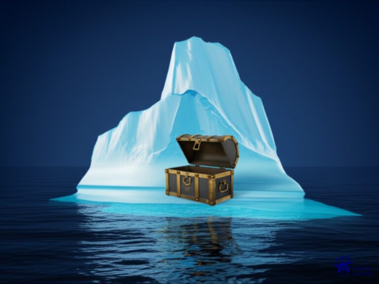 Un iceberg que se está derritiendo y revelando un cofre del tesoro oxidado en su interior, hundiéndose lentamente en el mar. Representa: Incumplimiento de obligaciones en contratos de fideicomiso