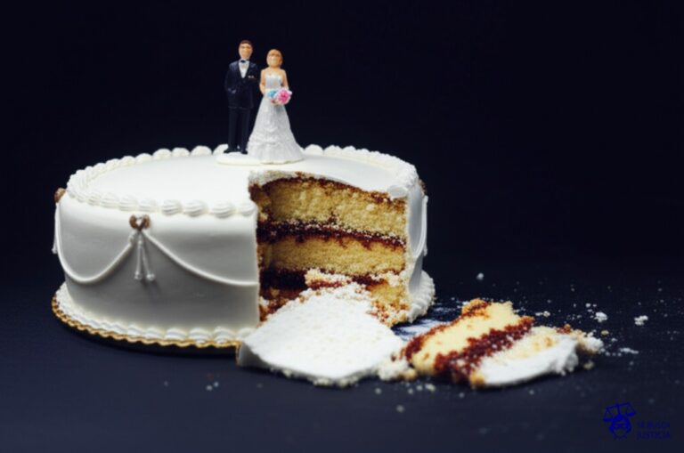 Un pastel de bodas, elegantemente decorado, con dos figuras de novios en la cima, pero con una gran porción faltante, irregularmente cortada y tirada en el suelo. Representa: Incumplimiento de pactos de socios o protocolos familiares