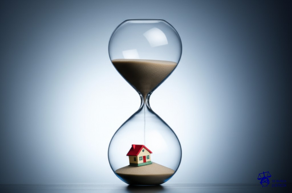 Un reloj de arena gigante, casi vacío, con una pequeña figura (una casa en miniatura) intentando desesperadamente trepar por el vidrio. Representa: Incumplimiento de plazos en contratos de alquiler temporario