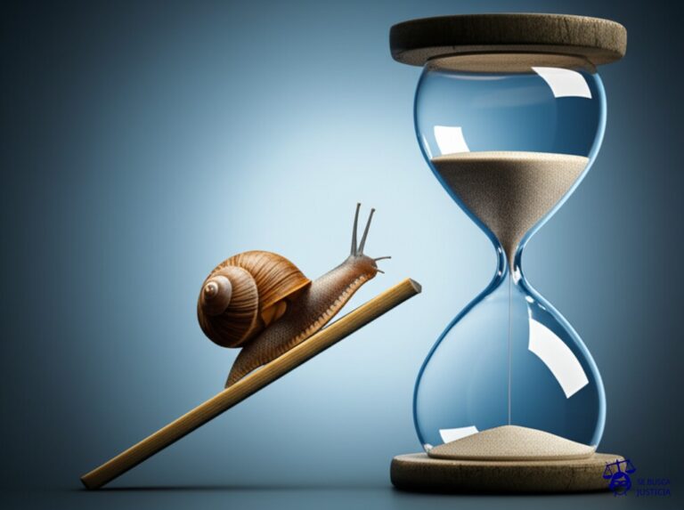 Un caracol, visiblemente exhausto, intentando desesperadamente subir una rampa empinada, mientras un reloj de arena gigante se vacía a su lado. Representa: Incumplimiento de plazos legales en procedimientos administrativos