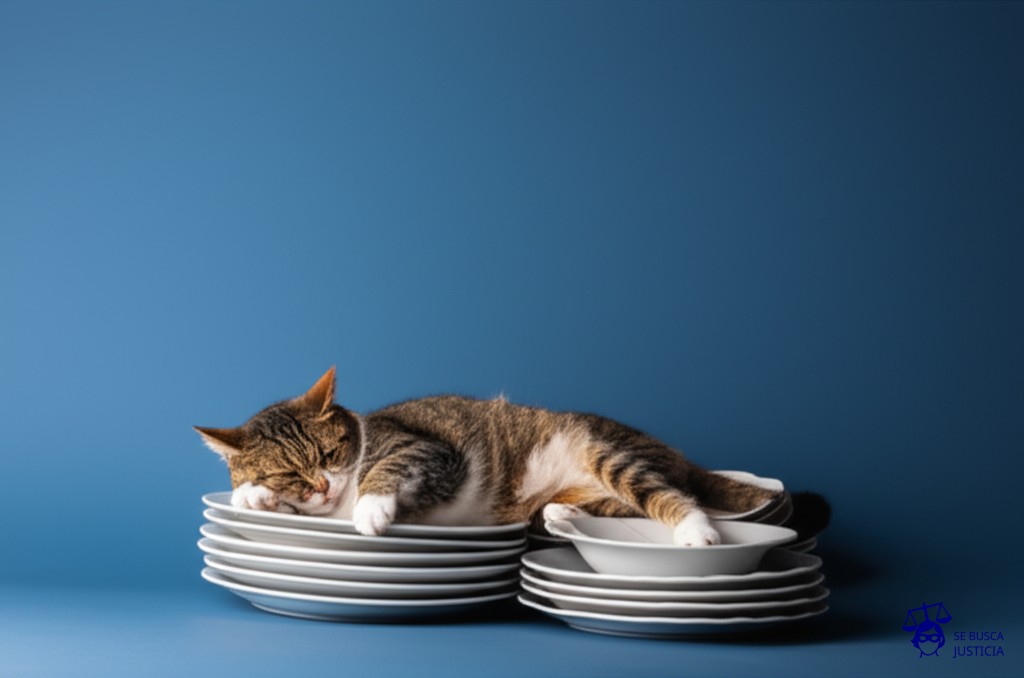 Un gato gordo (representando la administración) durmiendo plácidamente sobre una pila de platos sucios (las sentencias judiciales) sin lavar. Representa: Incumplimiento de sentencias judiciales por la administración